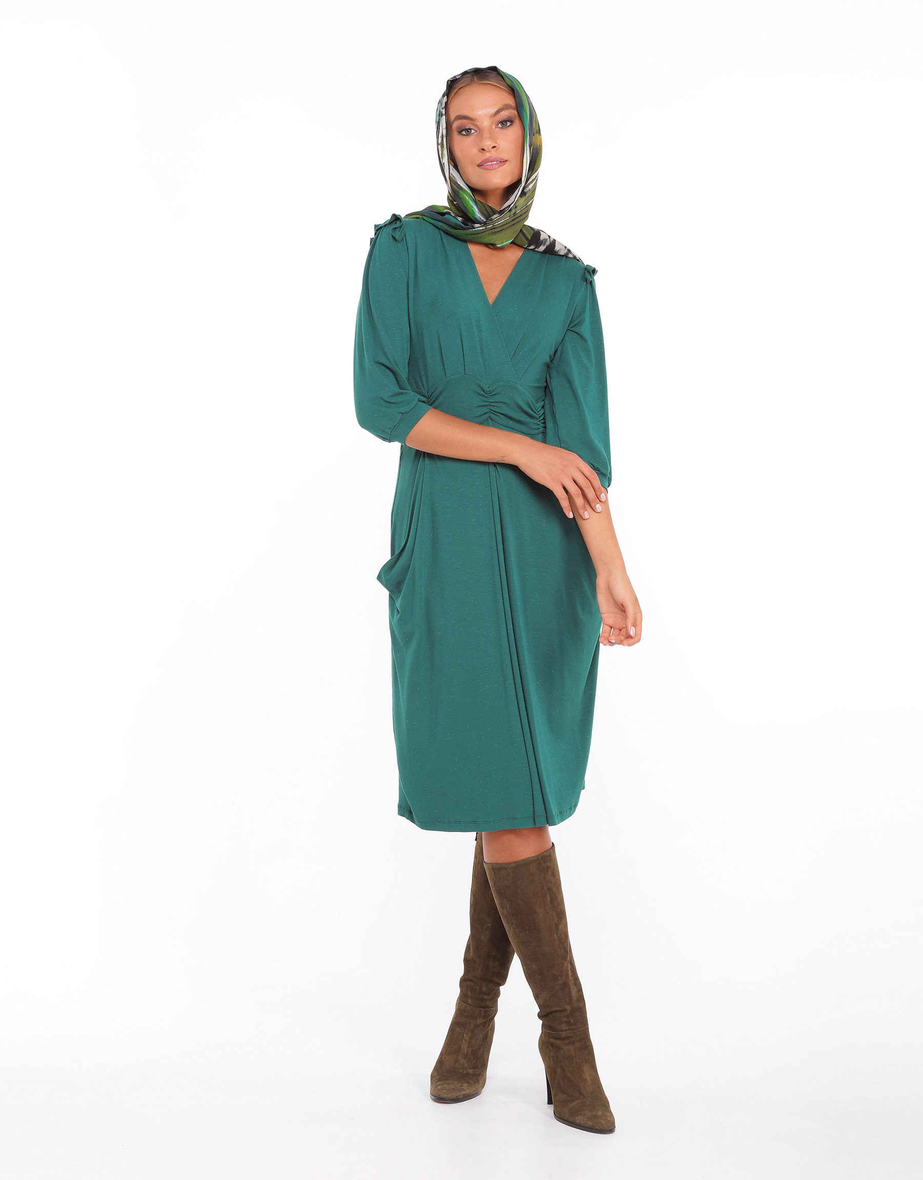 High-waisted dress in duck green cotton jersey 